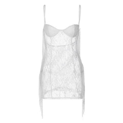 Tassels Low Cut See Through Lace Solid Backless Cami Mini Dress