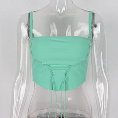 Lace Up Ribbed Square Neck Backless Ribbon Solid Cami Top