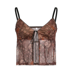 Mesh Flower Print Self Tie Backless V Neck Cami Crop Top - Final Sale