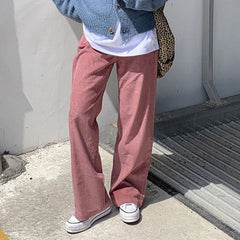 Beige Corduroy Wide Leg Pants Women Korean Style Soft Girl Pink Spring Plus Size Black Trousers For Female Oversize
