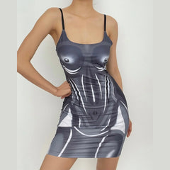 Square Neck Low Cut 3D Pattern Print Contrast Backless Cami Dress