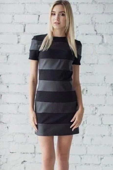 Pu Leather Stitching Stripes Slim Dress