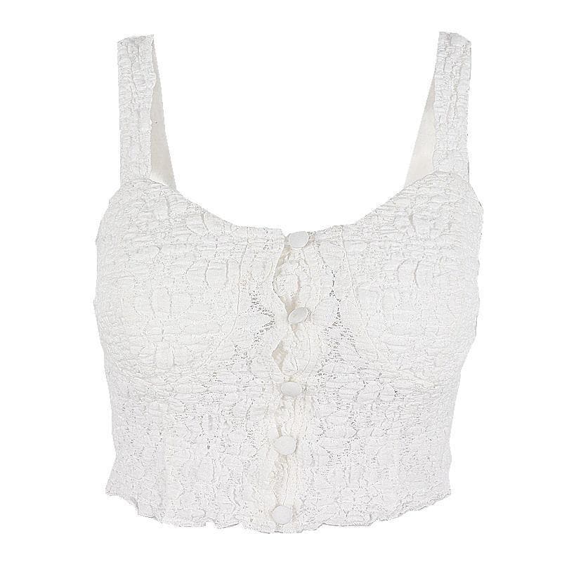 Solid Button Round Neck Smocked Textured Cami Top