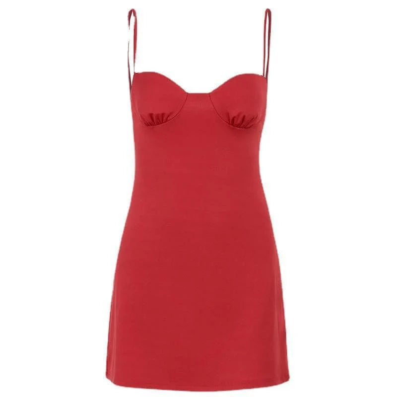Sweetheart Neck Ruched Solid Backless Cami Mini Dress