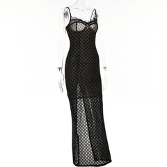 Mesh Lace Hem Zip-Up Slit Solid Backless Cami Midi Dress