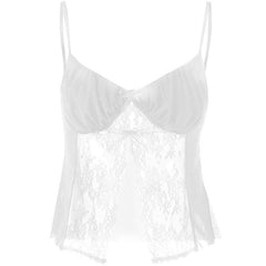 Lace Patchwork Ruched Solid V Neck Slit Cami Crop Top