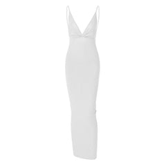 Solid V Neck Ruched Backless Cami Maxi Dress