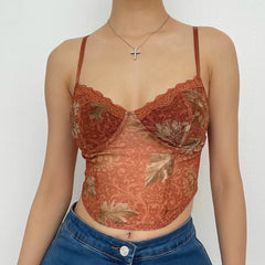 Sheer Mesh Hem Lace Print V Neck Crop Cami Top