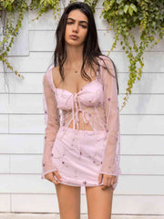 Sweetheart Neck Tie Front Top And Skirt Set