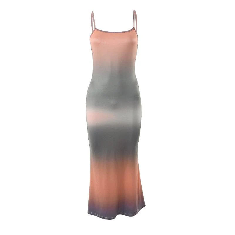 Sleeveless Contrast Gradient Backless Cami Midi Dress