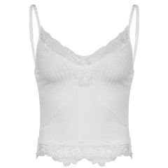 Ribbed Hem Lace V Neck Solid Cami Top