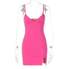 Slit V Neck Backless Solid Cami Mini Dress