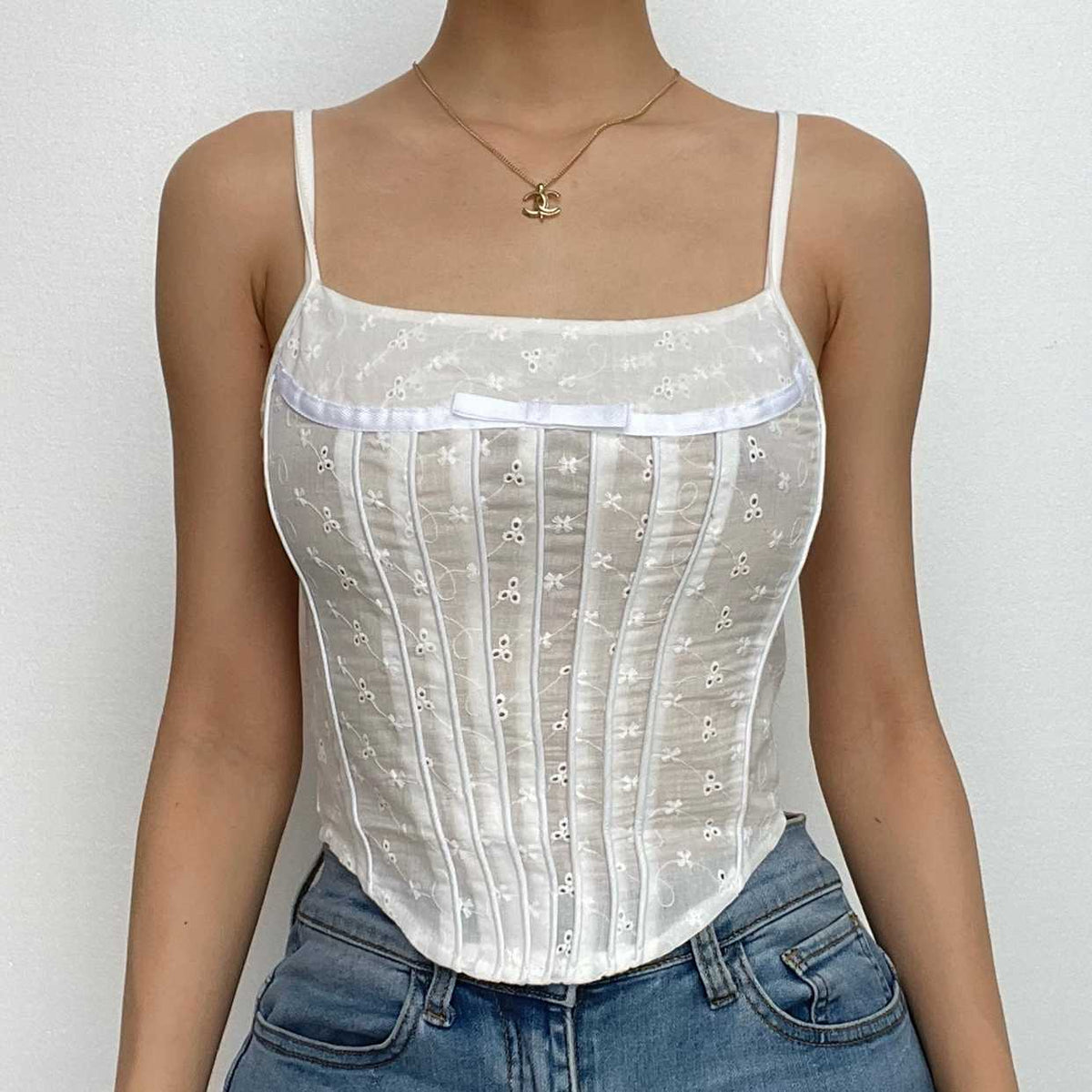 Solid Textured Bowknot Applique Zip-Up Cami Top