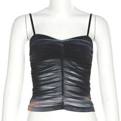 Mesh Contrast Ruched V Neck Backless Cami Top