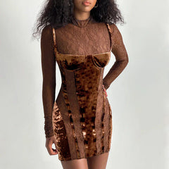 High-Neck Lace Long-Sleeved Slim Dress