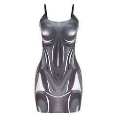 Square Neck Low Cut 3D Pattern Print Contrast Backless Cami Dress