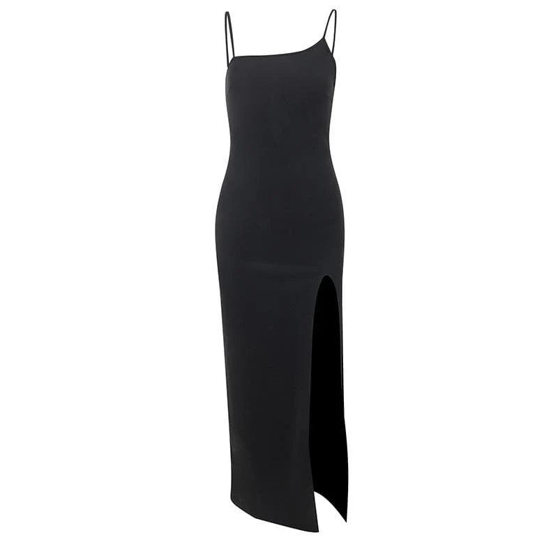 Slit Irregular Zip-Up Solid Backless Cami Midi Dress