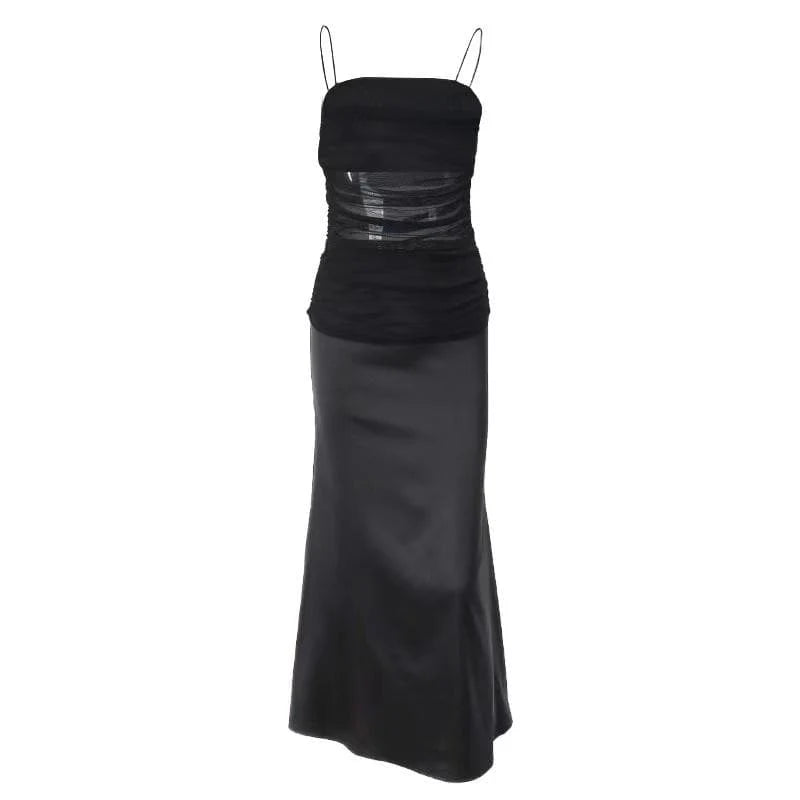Mesh Patchwork Zip-Up Solid Backless Ruched Cami Midi Dress