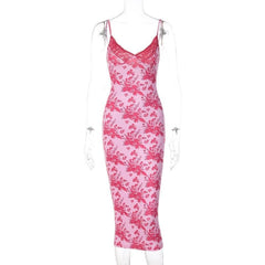 Flower Print Lace Hem V Neck Contrast Backless Cami Midi Dress