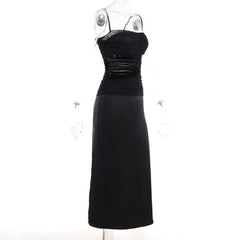 Mesh Patchwork Zip-Up Solid Backless Ruched Cami Midi Dress