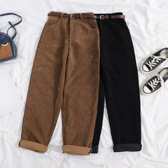 High Waist Wide Leg Corduroy Long Pants With Belt