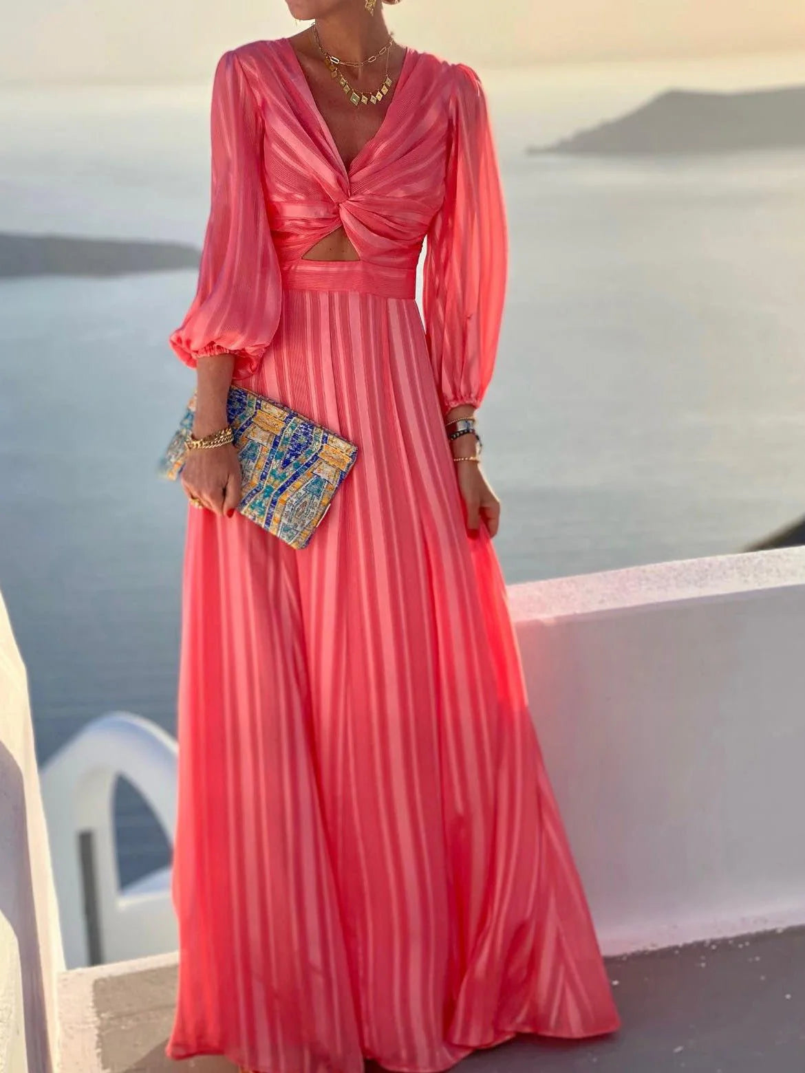 Striped Print Puff Sleeve Dress
