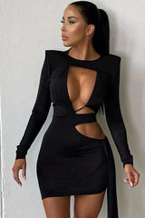 Hollow Stitching Shoulder Pad Dress