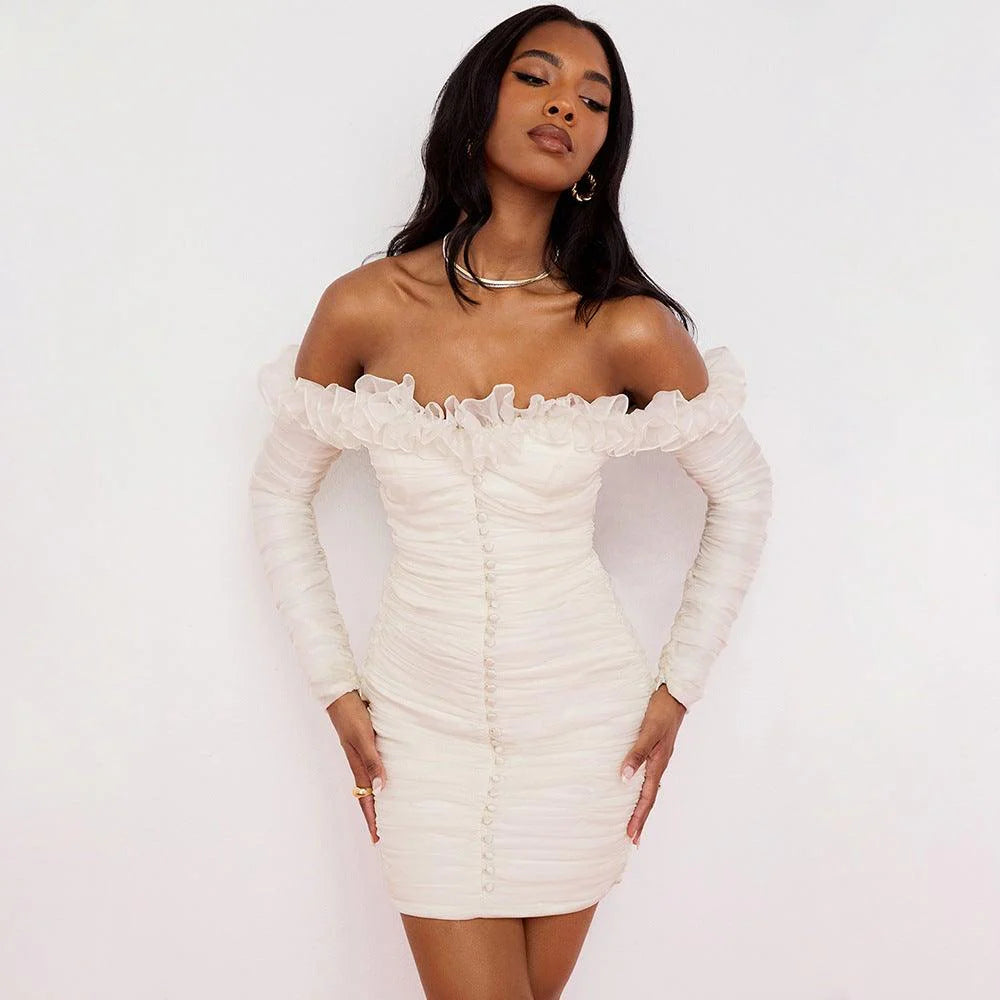 Long Sleeved One Shoulder Tube Top Chiffon Dress
