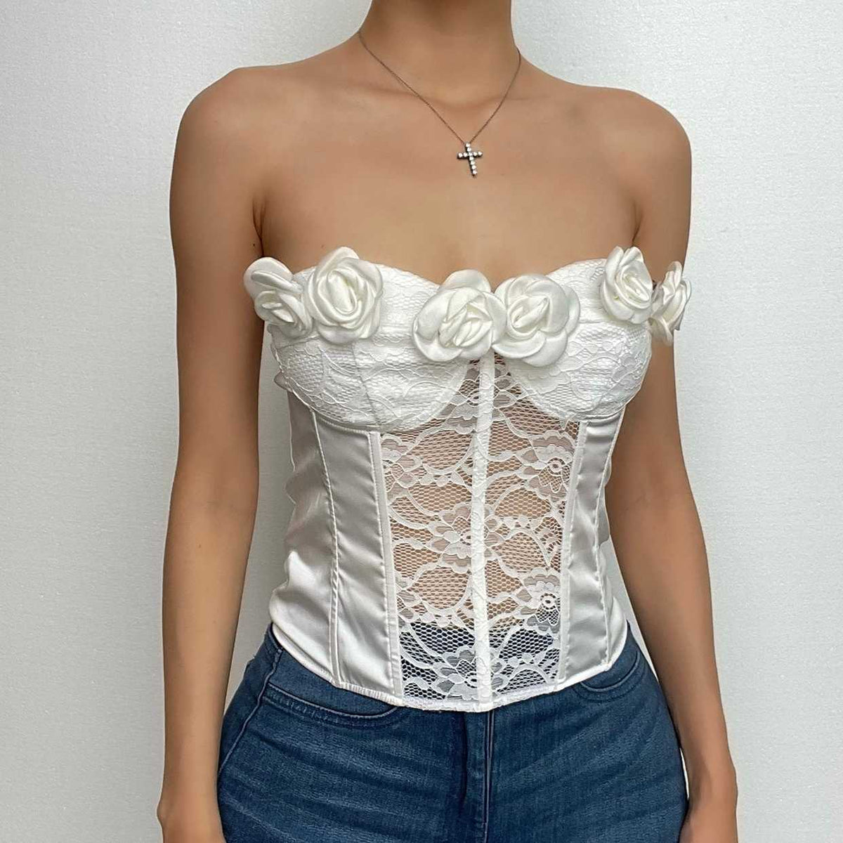 Lace Flower Applique Button Patchwork Corset Backless Tube Top