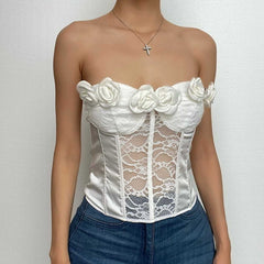 Lace Flower Applique Button Patchwork Corset Backless Tube Top