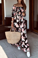 Elegant Floral Flounce Fold Off The Shoulder A Line Dresses(3 Colors)
