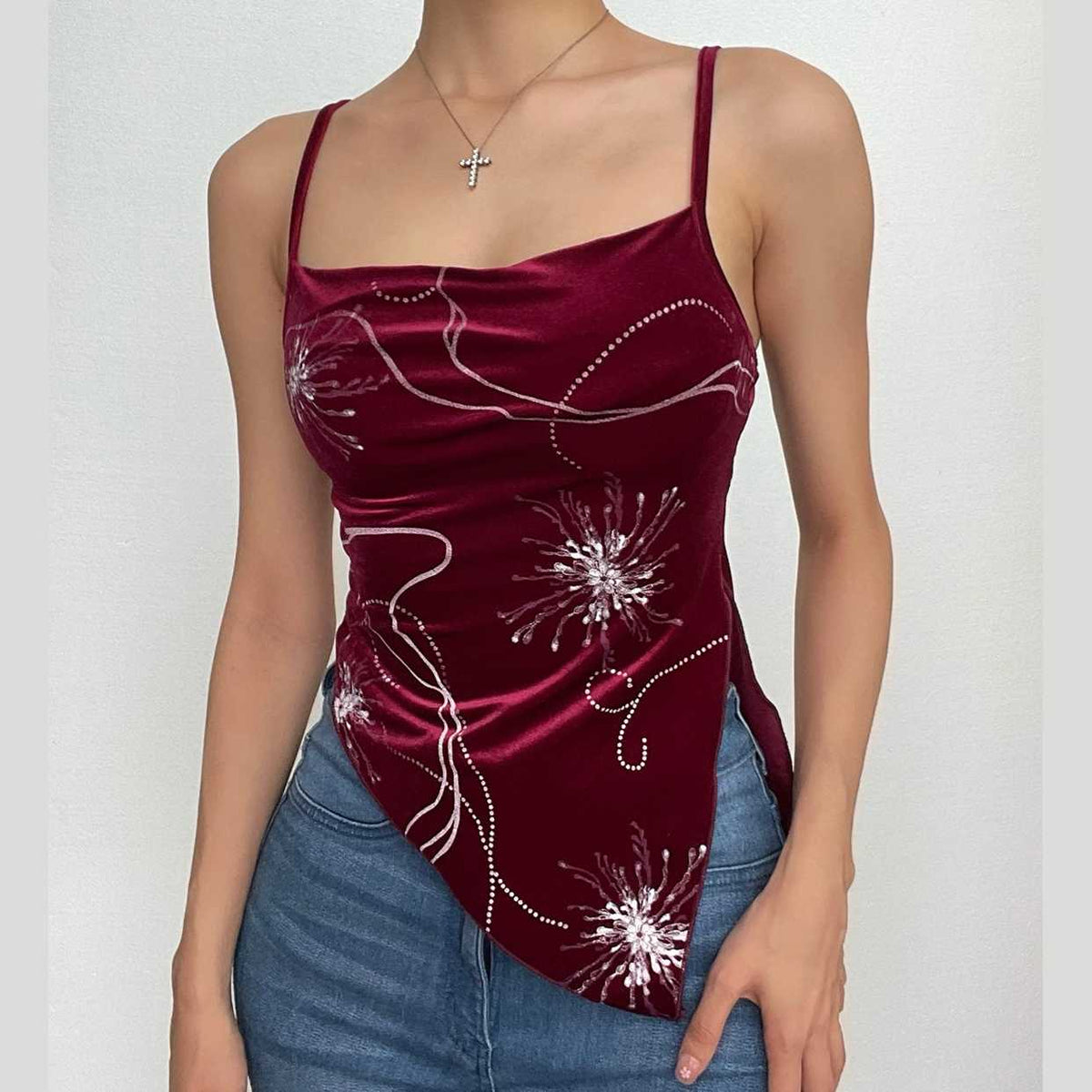 Velvet Cowl Neck Contrast Print Slit Irregular Cami Top