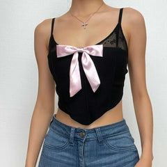 Bowknot Lace Patchwork U Neck Backless Cami Crop Top