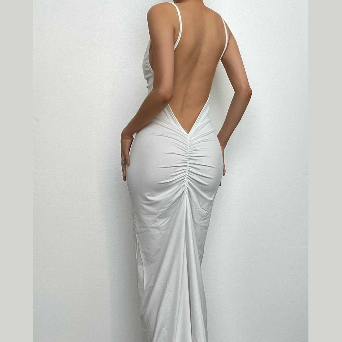 Solid V Neck Ruched Backless Cami Maxi Dress