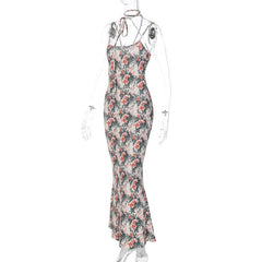 Flower Print Contrast Halter Cross Back Cami Maxi Dress