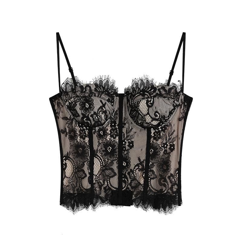 Padded Contrast Eyelash Lace Hem Button Cami Top