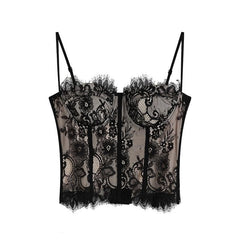 Padded Contrast Eyelash Lace Hem Button Cami Top