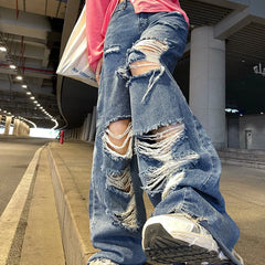 Spring And Autumn Women'S Ripped Jeans High Waist Loose Straight Pants Wide Leg Pants Women'S Jeans Y2K High Street Jeans