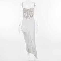 Lace Contrast Corset Sweetheart Neck Ruffle Irregular Cami Maxi Dress