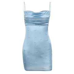 Sleeveless Solid Backless Cowl Neck Beaded Cami Dress