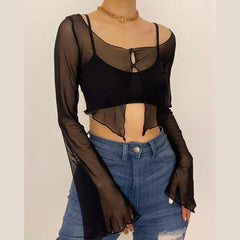 Mesh Long Sleeve Ruffle Button Square Neck Solid Cami 2 Piece Crop Top