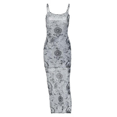 Slit Contrast Print Sheer Mesh See Through U Neck Cami Midi Dress