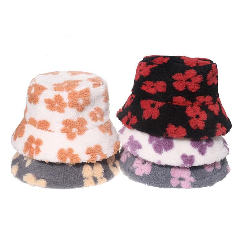 Flower Pattern Fluffy Contrast Fisherman Bucket Hat