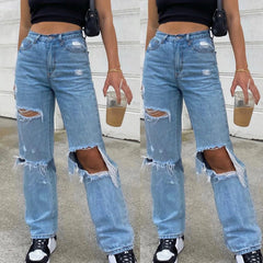Baggy Jeans Straight Leg Ripped Jeans For Women Fashion Loose High Streetwear Women High Waist Pants Hole Boyfriend Trousers