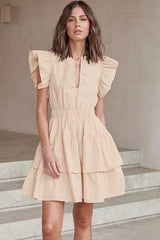 Hollow Cake Skirt U-Neck Lotus Leaf Sleeves Cotton Dress