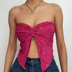 Textured Knotted Ruched Slit Sweetheart Neck Backless Tube Top