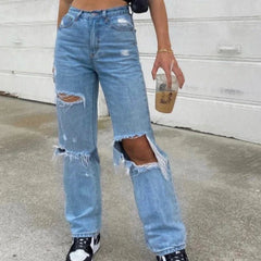 Baggy Jeans Straight Leg Ripped Jeans For Women Fashion Loose High Streetwear Women High Waist Pants Hole Boyfriend Trousers
