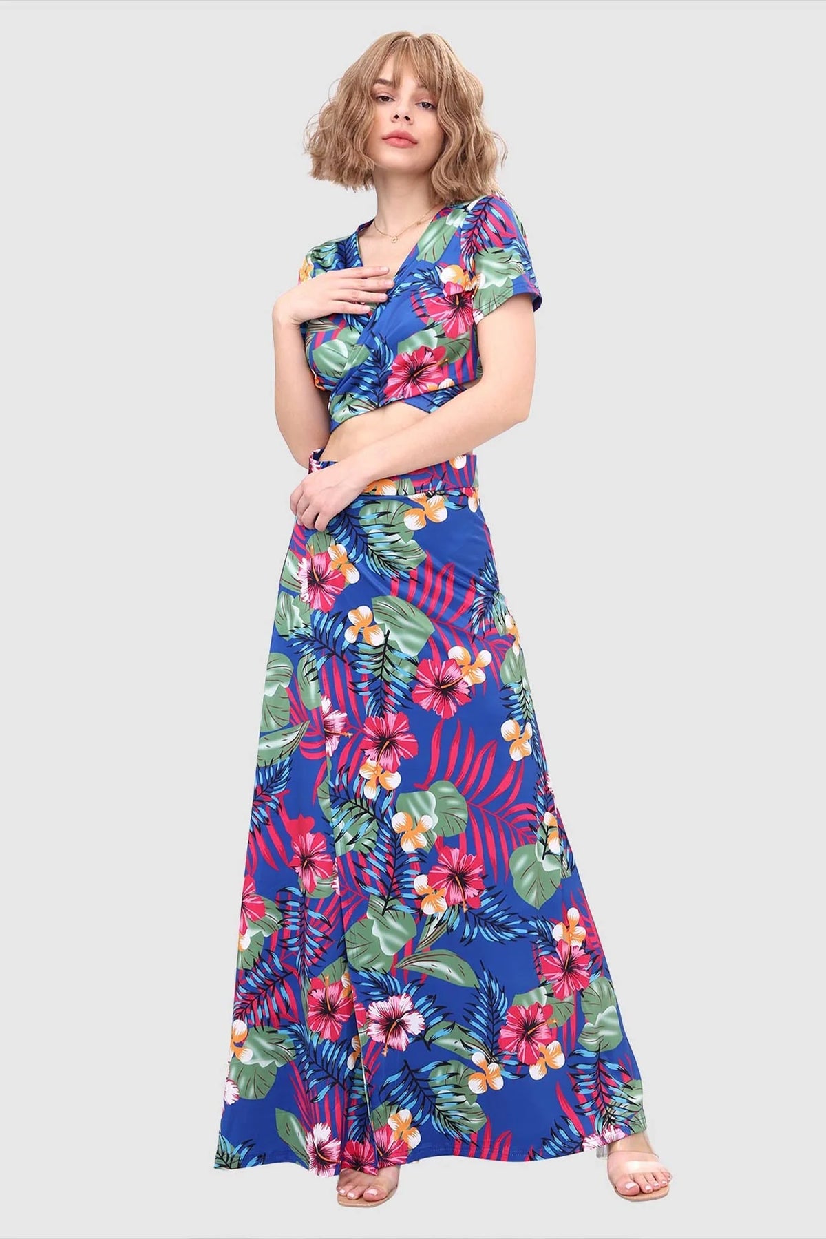 V-Neck Tied Back Leaf Print Two-Piece Dress