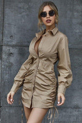 Shirt Dress V-Neck Side Pleated Lace-Up Dress