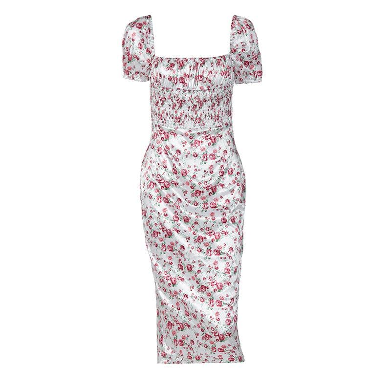 Satin Flower Pattern Print Zip-Up Ruched Square Neck Short Sleeve Midi Dress